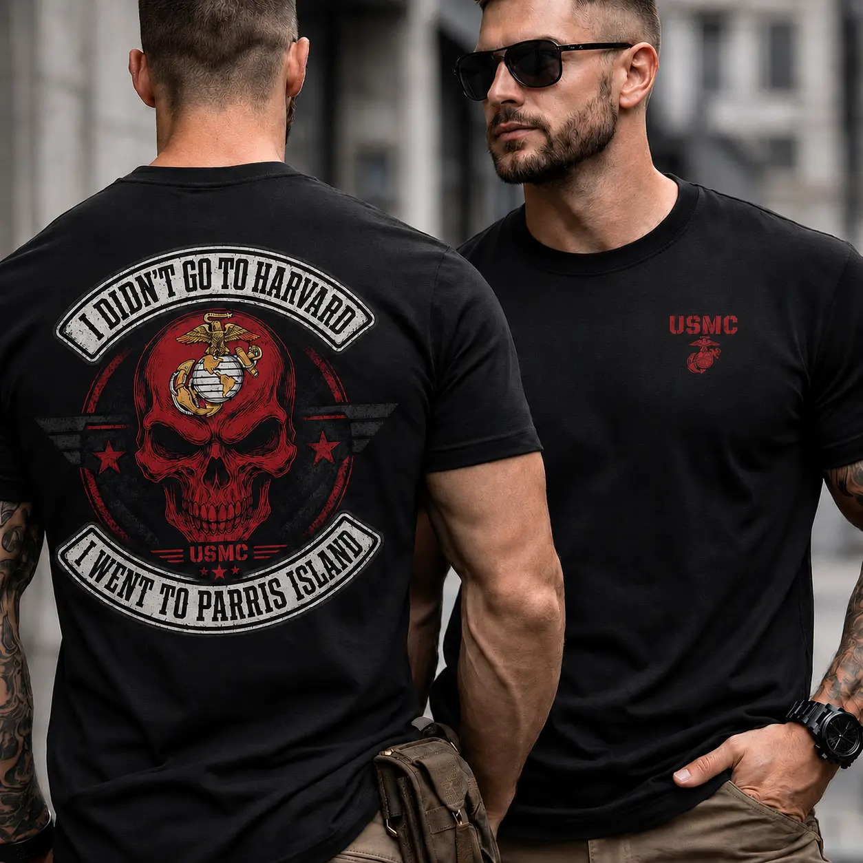 USMC Parris Island Shirt, I Didn’t Go to Harvard Marine Corps Graphic Tee, Vintage Skull Military T-Shirt, Marine Veteran Gift
