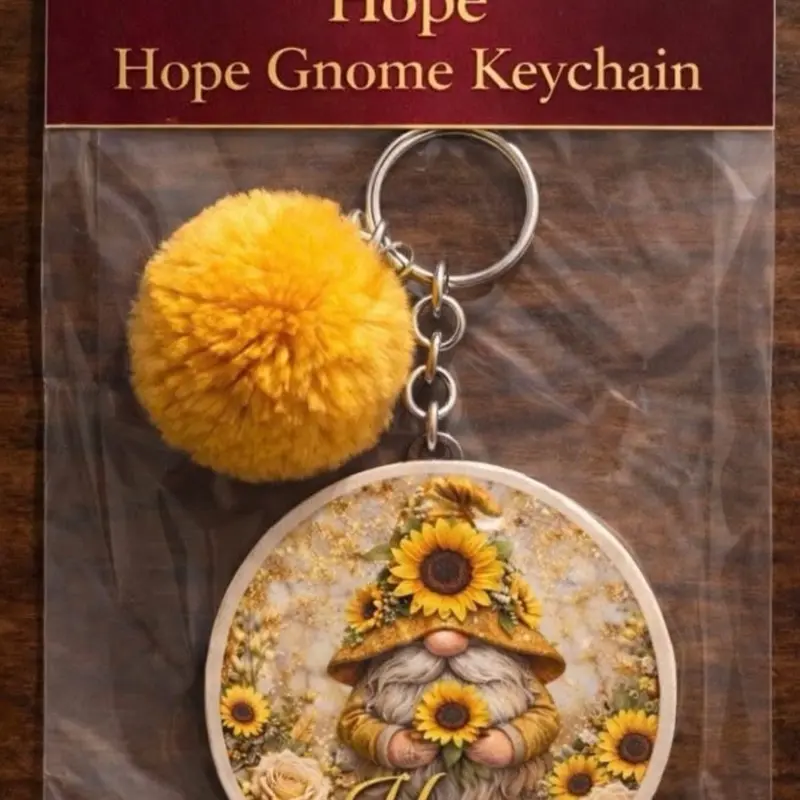 Hope Gnome Keychain with Yellow Pom Pom and Sunflower Design for Keychains