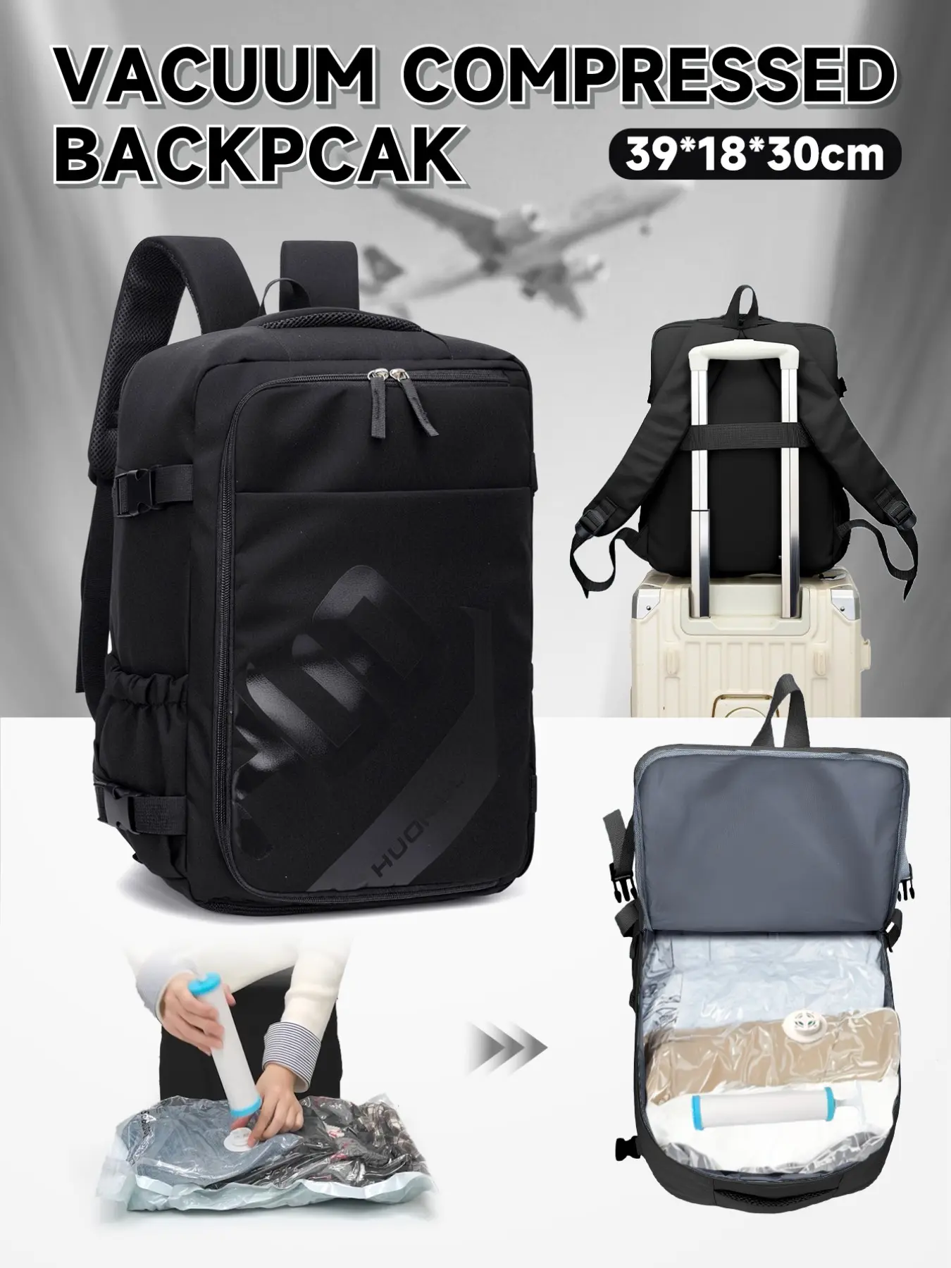 40x30x20cm Travel Backpack Set, Vacuum Compressor Bag & Manual Pump, Large Capacity, Independent Shoe Compartment, Unisex, All Seasons, Vacuum Compression Travel Backpack, Vacuum Compression Backpacks