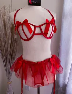 Candy Set Three Piece Red Set with Underwire Ribbon Fantasy Bra, Front Ribbon G-String & Ribbon Skirt with Garter Belts Integrated - Women's Lingerie - Womenswear