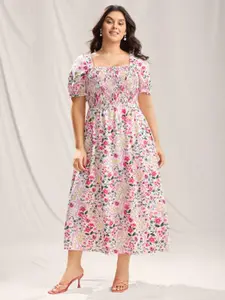 BLOOMCHIC Women's Plus-Size  Maxi Dress with Short-Sleeve Shirred Ditsy Floral Print - Curvy Fit Casual Wear with Pockets- 2026 summervibes Swimweek