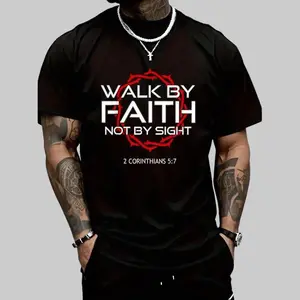 100% Cotton Jesus Walk By Faith Christian T-Shirt Round Neck Short Sleeve T-Shirt Women's Men's Graphic Tee Women's Men Graphic Tee