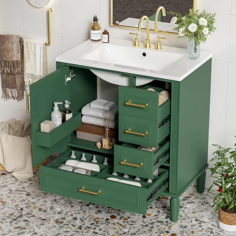 Traditional 30" Green Bathroom Vanity Set, Floor Standing, with Three Drawers, Soft Close Doors, with Long Gold Metal Handles - Perfect for Small Bathrooms   WL RR