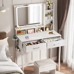 LED Vanity Desk with Mirror and Lights, 3-Color Adjustable Makeup Table, Spacious Storage Drawers, Open Compartment Design, Includes Hair Dryer Holder, Built-in Power Strip, Reversible Left/Right Installation, Easy Assembly