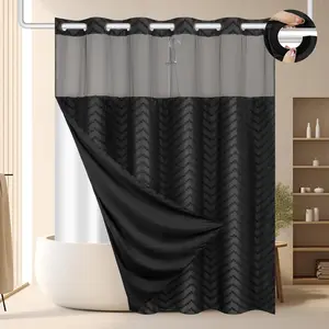 No Hooks Shower Curtain With Liner, Black Velvet Herringbone Stripe Curtain, Machine Washable & Waterproof
