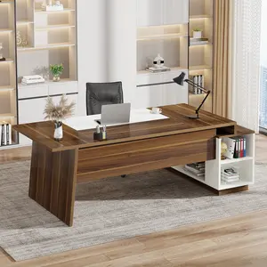 LITTLE TREE Modern L-Shaped Executive Office Desk 70.5-Inch Mid-Century Modern Desk with Storage Cabinet & Shelves for Home Office Two Separate Packages