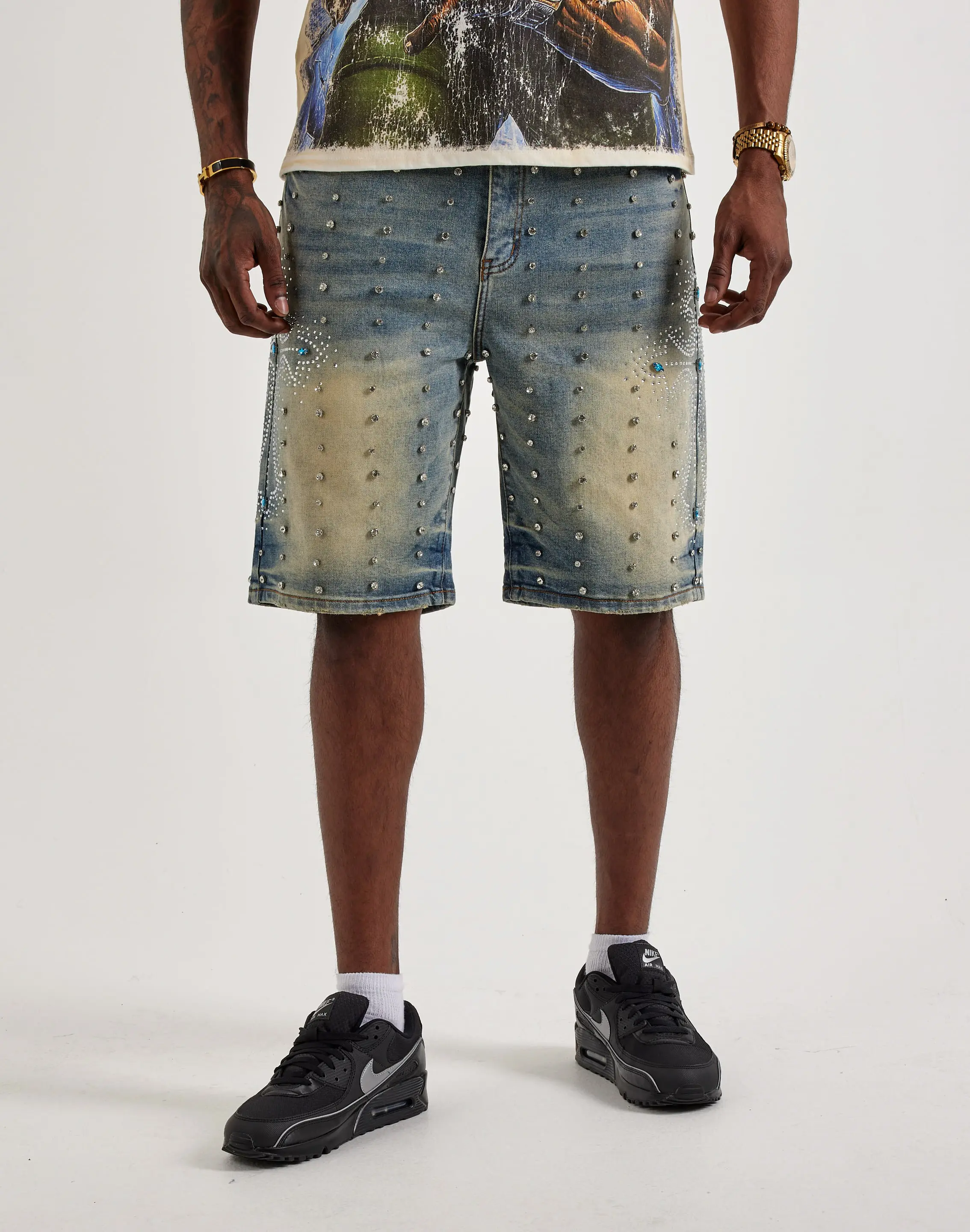 Mens Vicious Denim Rhinestone Cross Denim Shorts