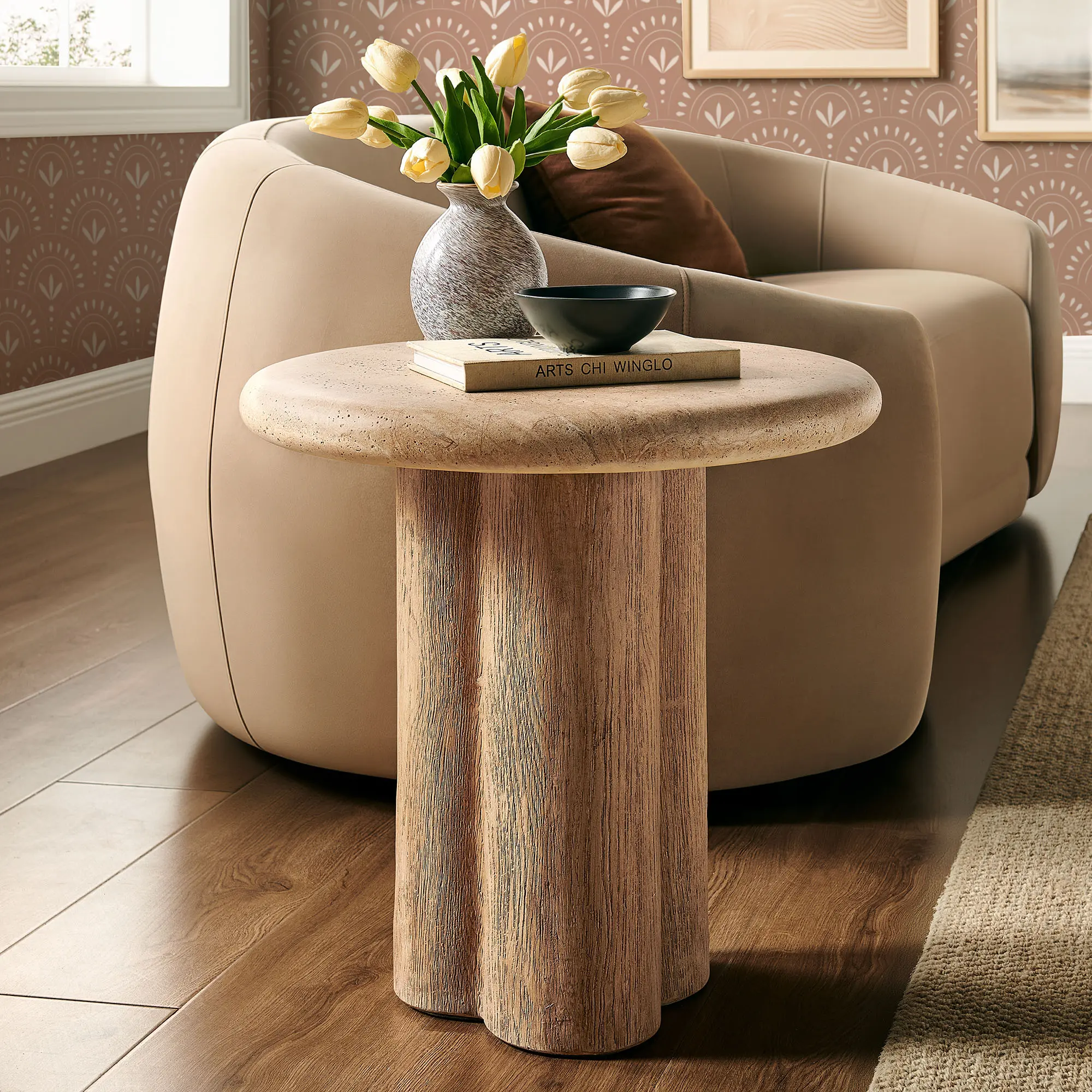 Tori 20 Inch Round Indoor and Outdoor Side Table in Travertine