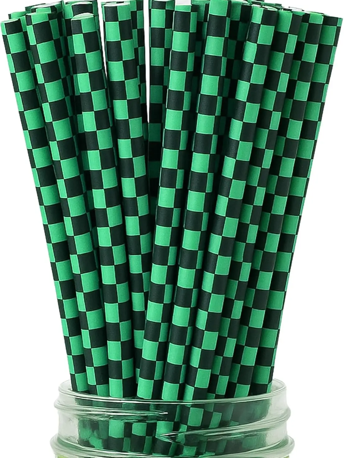 100 Black and Green Checkered Straws - Disposable Paper 7.75 Inch Straws for Demon Anime Themed Party
