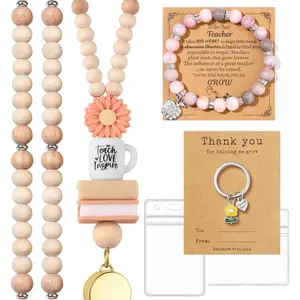 Teacher Appreciation Gifts for Women Teachers Bracelet Wooden Beaded Lanyard Thank You for Helping Me Grow Keychain Teacher Gifts Set
