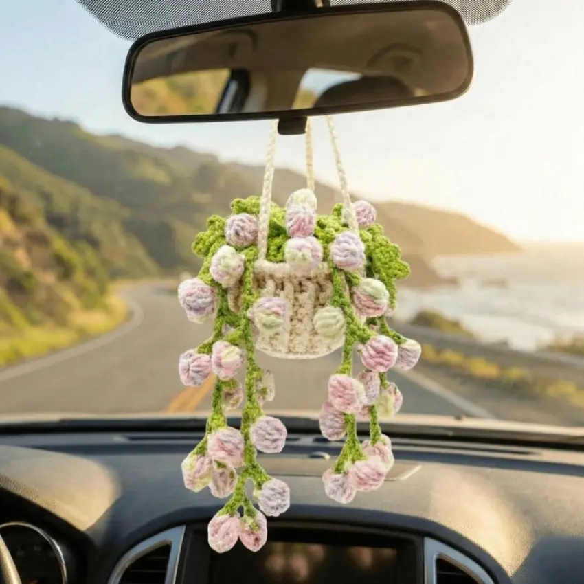 Handmade Crocheted Flower Car Mirror Hanging Ornament, Boho Charm Rearview Accessory, All Seasons Flower Motif Interior Decor, Car Hanging Decoration, Car Accessories