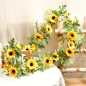 2 Pcs Artificial Sunflower Garland, Sunflower Vine with Leaves, Hanging Garland with Green Leaves, Outdoor Flower Arch, Arrangement for Wedding Party Anniversary Home Office Table Centerpiece Decor