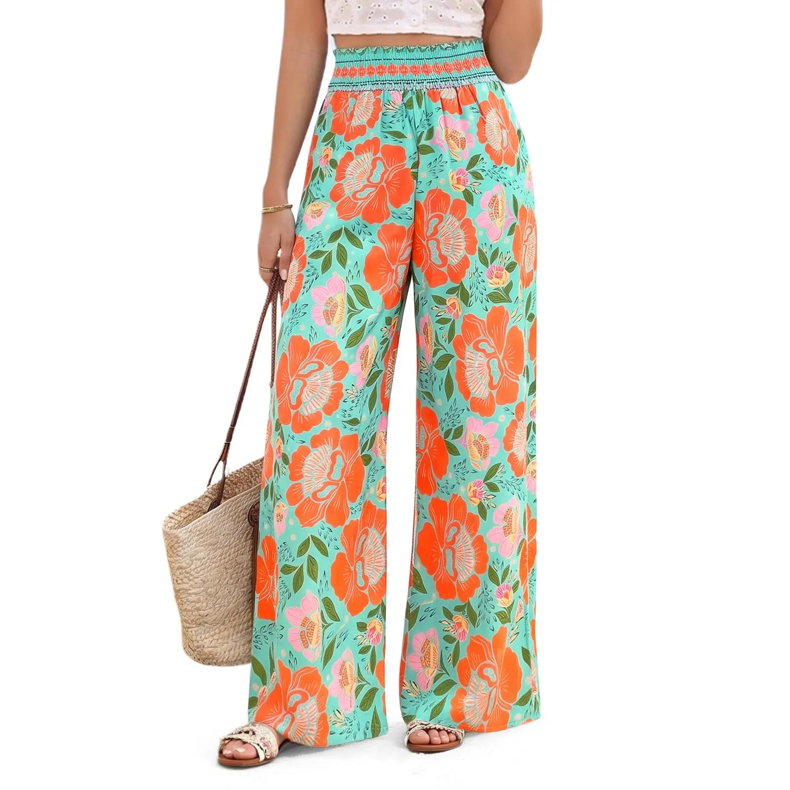 Imily Bela Wide Leg Pants Woman 2026 Summer Smocked Waist Floral Pant Resort Wear Spring Beach Vacation Clothes for Women