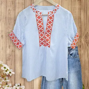 Sage Vell Blue White Striped Embroidered Blouse Casual V Neck Short Sleeve Boho Top Lightweight Shirt with Geometric Embroidery Loose Fit Tunic for Daily Vacation Office Ladies Elegant Retro Blouse