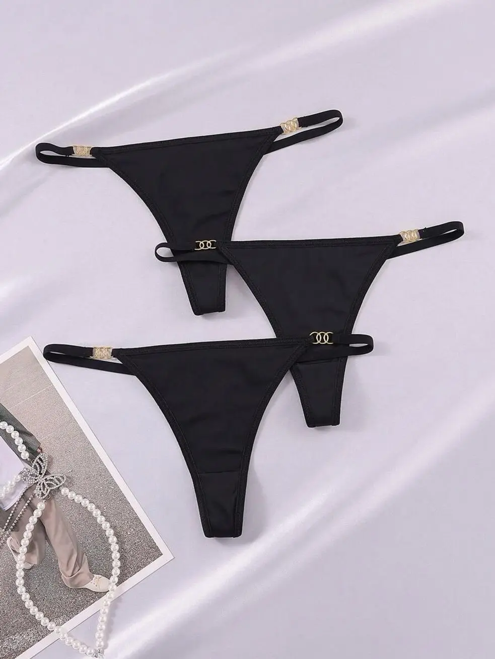 3-Pack Women's Solid Color G-String, Metal Ring Linked Sexy Panties, Soft Breathable Lingerie