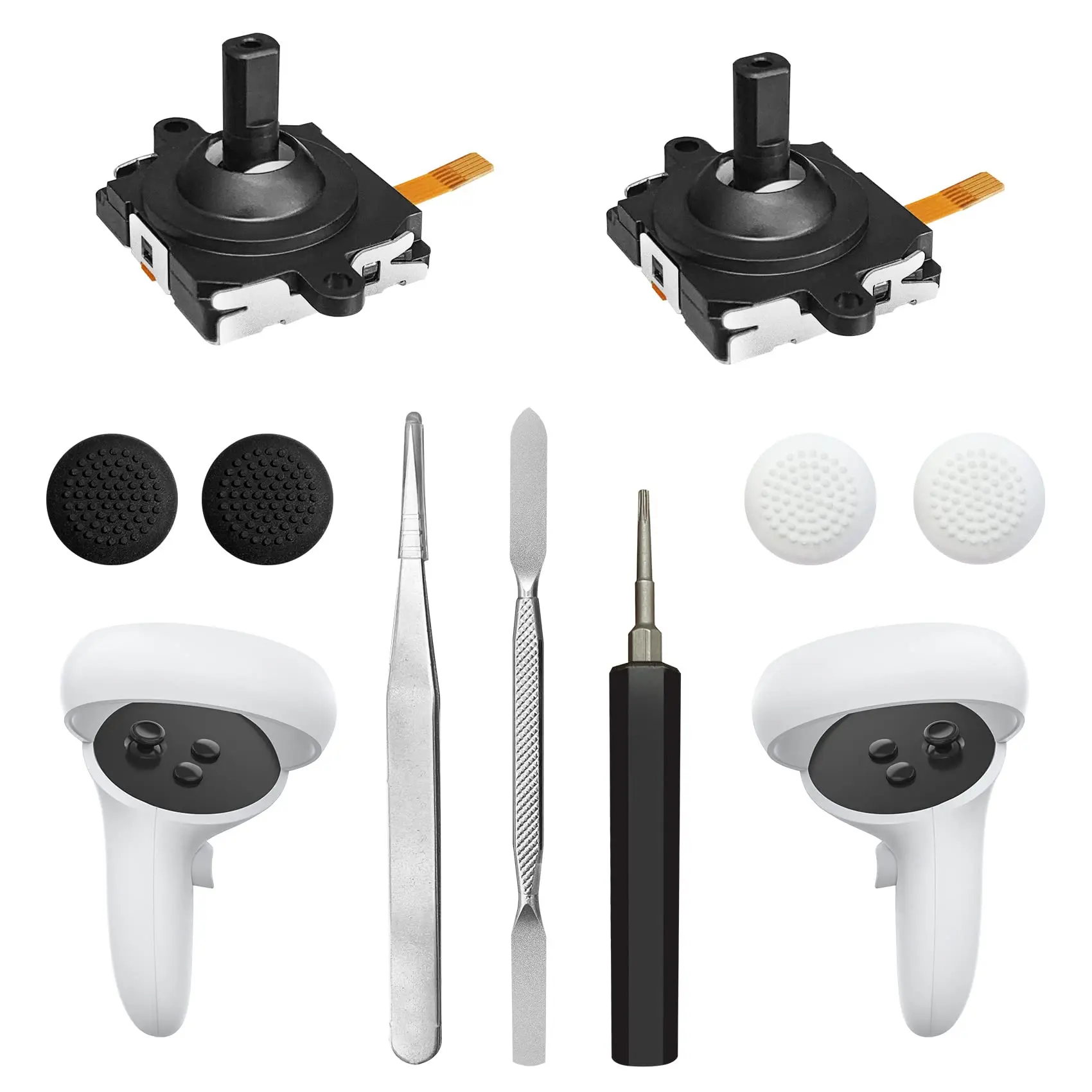 Anti-Drift Silicone Joystick Replacement & Repair Kit for Meta Oculus Quest 2/3 Controllers - 2 Joysticks, T5 Screwdriver, Tweezer, Pry Tool, 4 Thumbstick Grips, Silicone Pad (Black 11-in-1 Gaming Accessories)