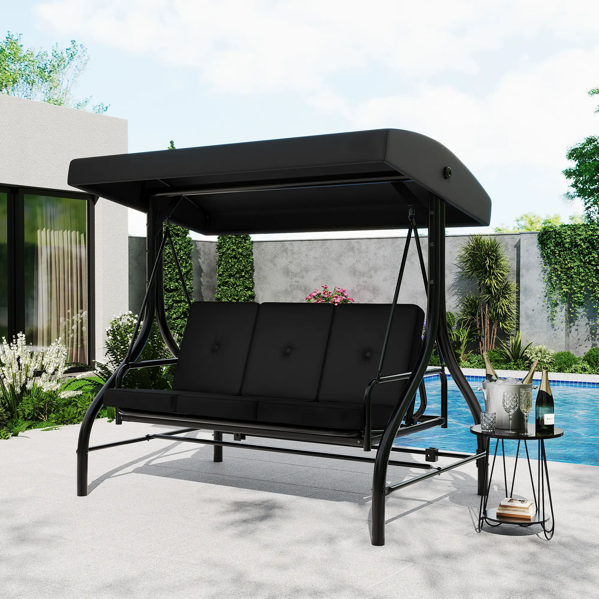 3-Seat Outdoor Porch Swing with Adjustable Canopy, Patio Swing Chair with Stand, 800 Lbs Heavy Duty Steel Frame, Reclines to 180° Swing Bed, Cup Holder Trays, Cushions & Pillows for Garden, Convertible Seat, Flat Bed, Open
