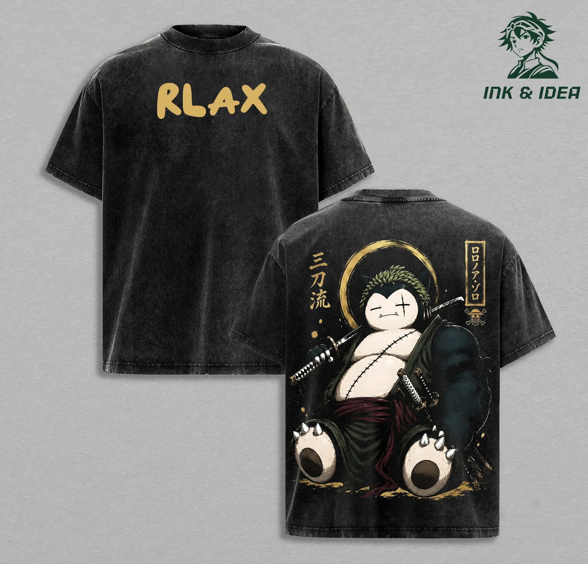 Snorlax & One Piece Anime Mashup Graphic Tee | Premium Heavyweight Washed Cotton 90s Vintage Shirt | American Casual Unisex Streetwear Top for Gym, Daily Wear & Fan Gift | Manga Lover Apparel, Y2K Style Short Sleeve T-Shirt, Trending Anime Merch Drape