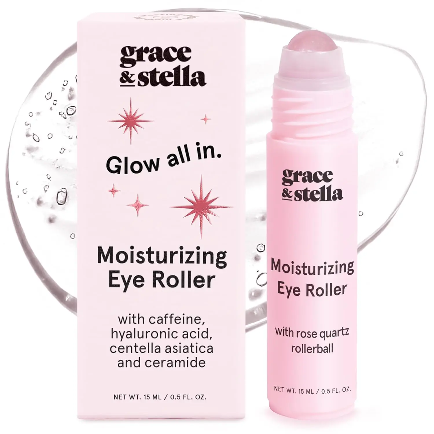 grace & stella Under Eye Brightener with Rose Quartz Rollerball | Centella Asiatica & Caffeine Under Eye Serum for Dark Circles & Puffiness - Travel Essentials, Vegan (15ml/0.51floz)