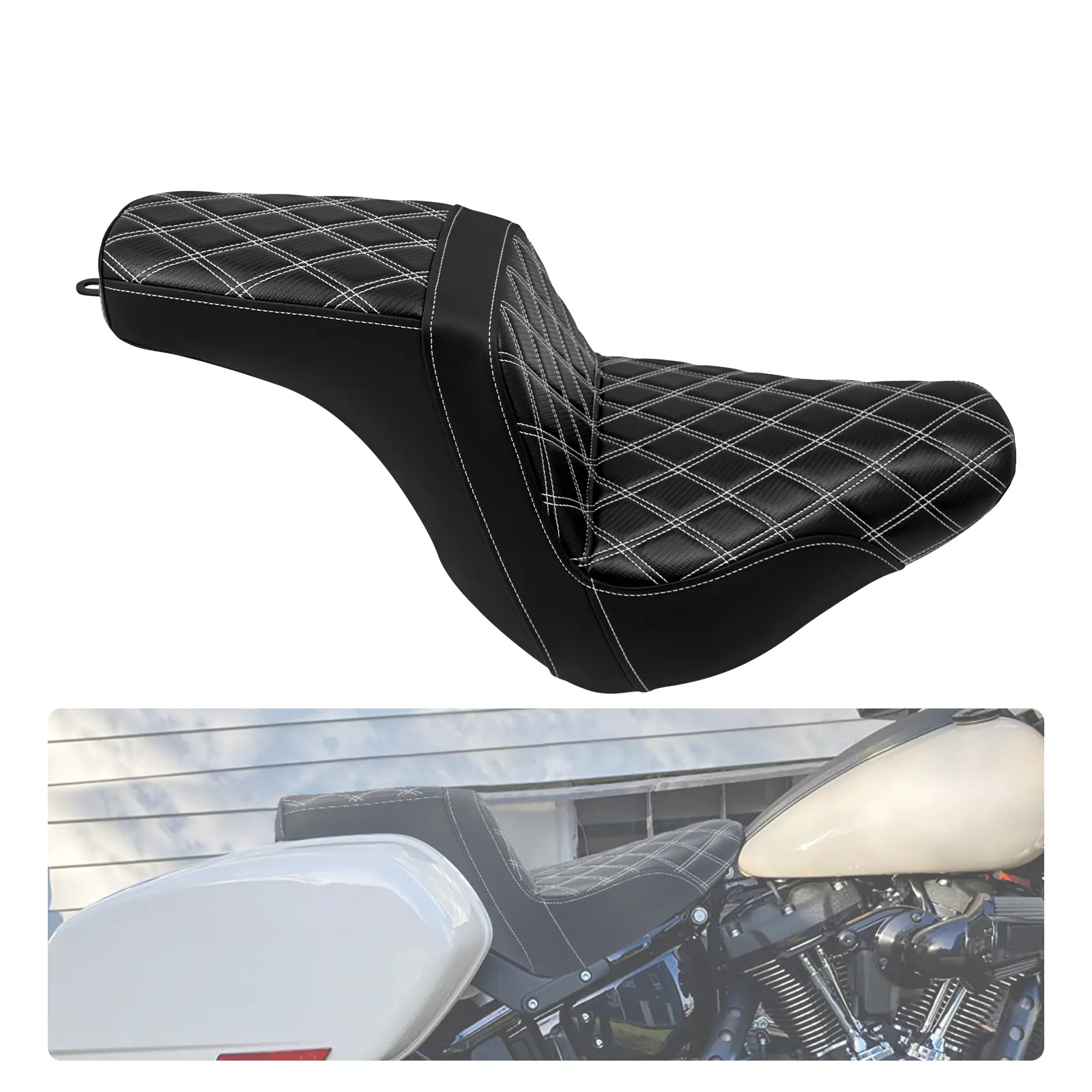 White Stitch Step-Up Motorcycle Seat, Automotive Seat Covers for Harley Low Rider FXLR FXLRS 2018-2024 | Mactions