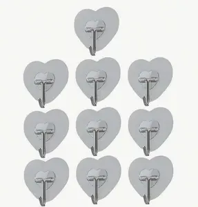 10 Heart Hooks No Drilling No Trace Transparent Heart-Shaped Adhesive Hooks Kitchen Bathroom Household Multi-Functional Door Back Coat Hooks