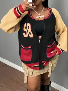 Women's Fashion Plus Size Knit Cardigan, Vintage Colorblock Shoulder Design, Round Neck Long Sleeve Sweater Jacket, Lightweight Knitwear