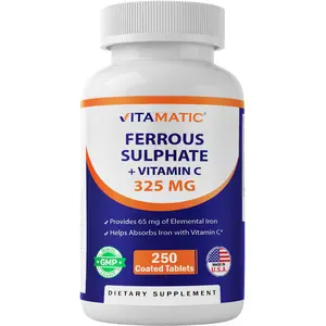 Vitamatic Ferrous Sulphate 325 mg + Vitamin C 100 mg - 65 mg Elemental Iron - 250 Coated Tablets - Supports Red Blood Cell Formation* - Made in USA