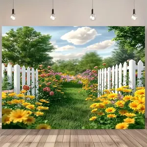 1pc Spring Backdrop Garden Theme Floral White Fence Scene Polyester Material Multipurpose for Photo Studio Party Outdoor