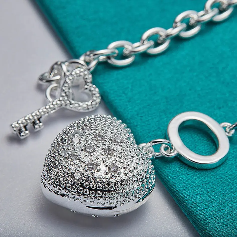 925 Sterling Silver Plated Necklace -Women's AAAAA CZ Zircon Heart/Lock Pendant Necklace Rolo Chain- Charm Jewelry - Birthday Gift Puffed Heart Toggle Necklace for Women