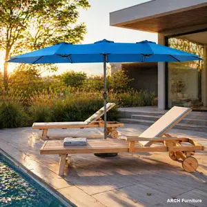 14.8 Ft Rectangular Double-Sided Crank-Operated Outdoor Patio Umbrella - Steel Frame, Dark Blue, No Base, Adjustable Canopy Sunshade for Backyard Decor