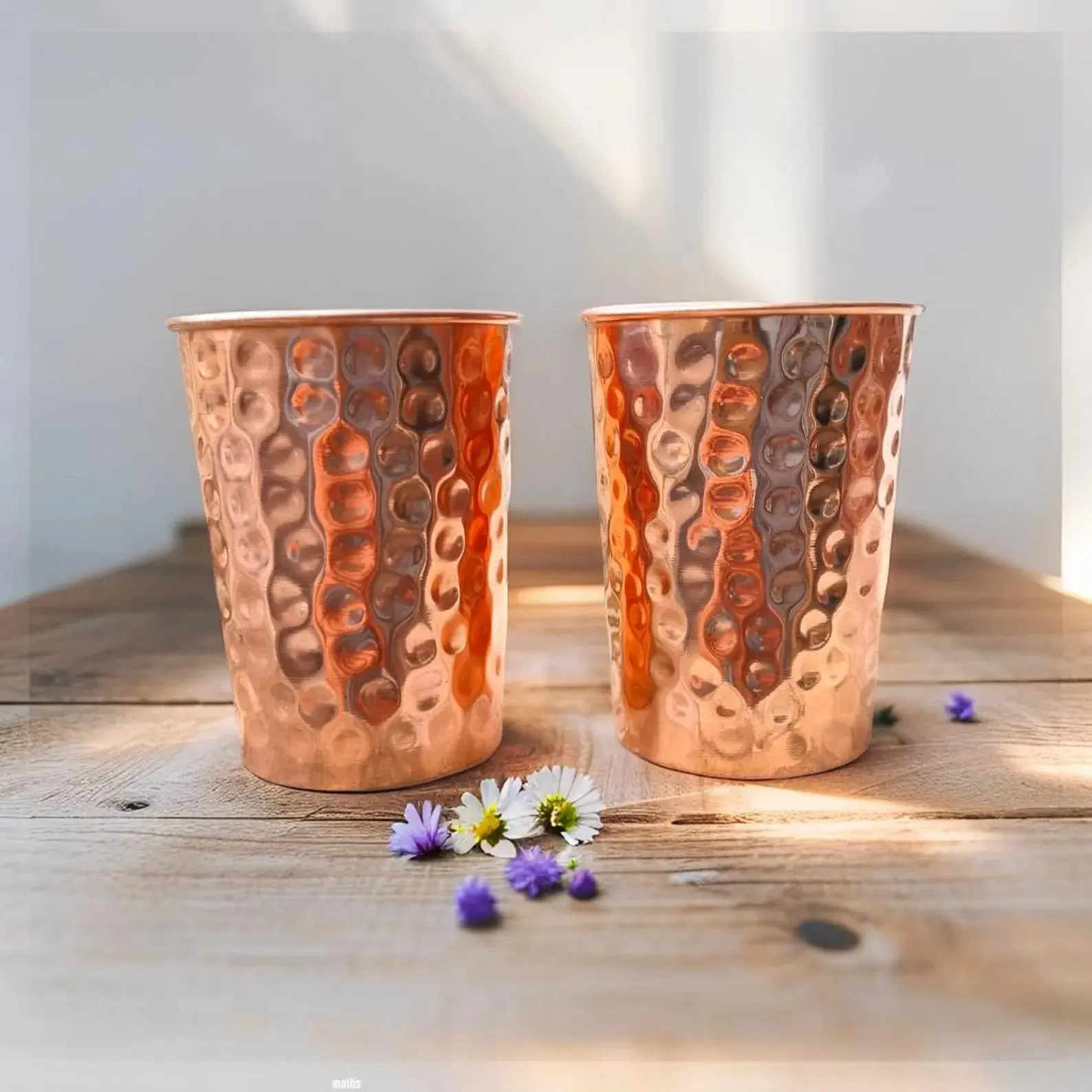 Stylish Traditional Hammered Pure Copper Tumblers Set of 2 - Handmade Vintage Reusable Ayurvedic Water Drinkware for Wellness, Gifting, 250Ml