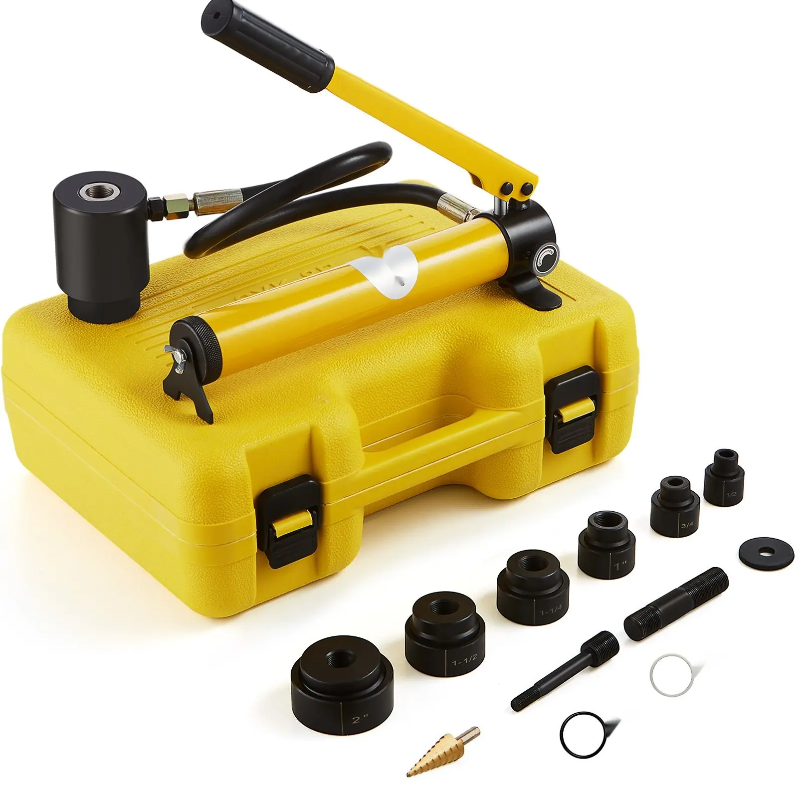 Hydraulic Knockout Punch Kit, 10 Ton, Conduit Hole Cutter Set 1/2 Inch to 2 Inch, 6-Piece Puncher Kit for Metal Sheet Work, Suitable for Aluminum, Stainless Steel, Brass, Fiberglass and Plastic, Includes Driver Tools