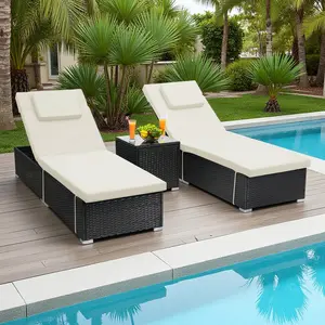 Wicker Chaise Lounge Chairs for Outdoors, Pool lounge chair, Includes 2 Wicker Chaise Lounge Chairs for Outdoors with Matching Side Table, Idea Oversized Reclining Patio Lounger with Washable Cushions