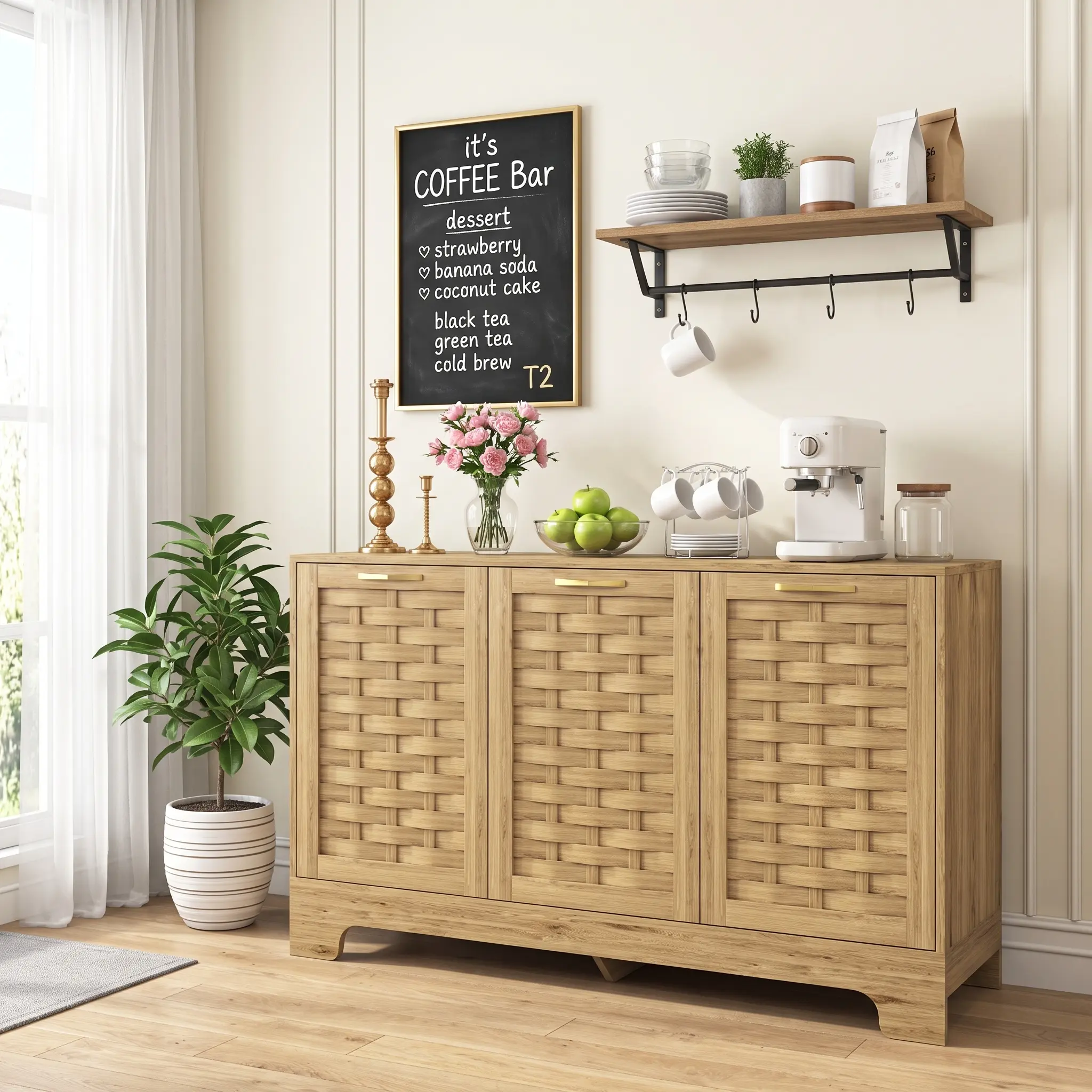 3-Door Woven MDF Modern Storage Cabinet, Accent Sideboard Buffet with Adjustable Shelves, Indoor Storage Cupboard for Kitchen, Entryway, Modern Storage Cabinets