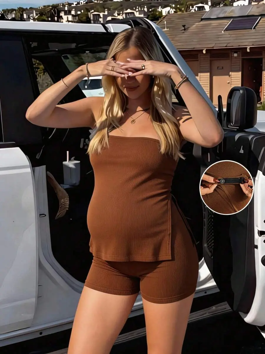 NANCY Maternity 2pcs Solid Color Comfortable Cropped Top And Shorts Set, Summer Cute Maternity  Outfit Summer Outfits  Beach Outfit Casual Outfit Holiday Outfits