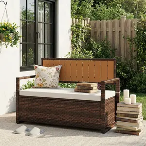 46 Gallon Outdoor Storage Bench, PE Rattan Deck Box with Cushion & Backrest, Waterproof Patio Seat with Acacia Wood Armrests & Metal Frame for Porch, Backyard, Garden, Poolside