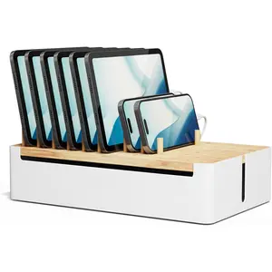 Prosumers  Bamboo Charging Station for Multiple Devices - Wooden Charger Organizer with Removable Dividers for Phones, Tablets, and Laptops - 11 Inch Cable Organizer Box - Space-Saving Desk Dock