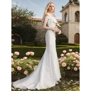 Elegant Off-Shoulder Wedding Dress with Luxurious Lace Embroidery, French Fishtail Style, Long Train, Floral Patterns, Perfect for Weddings and Parties