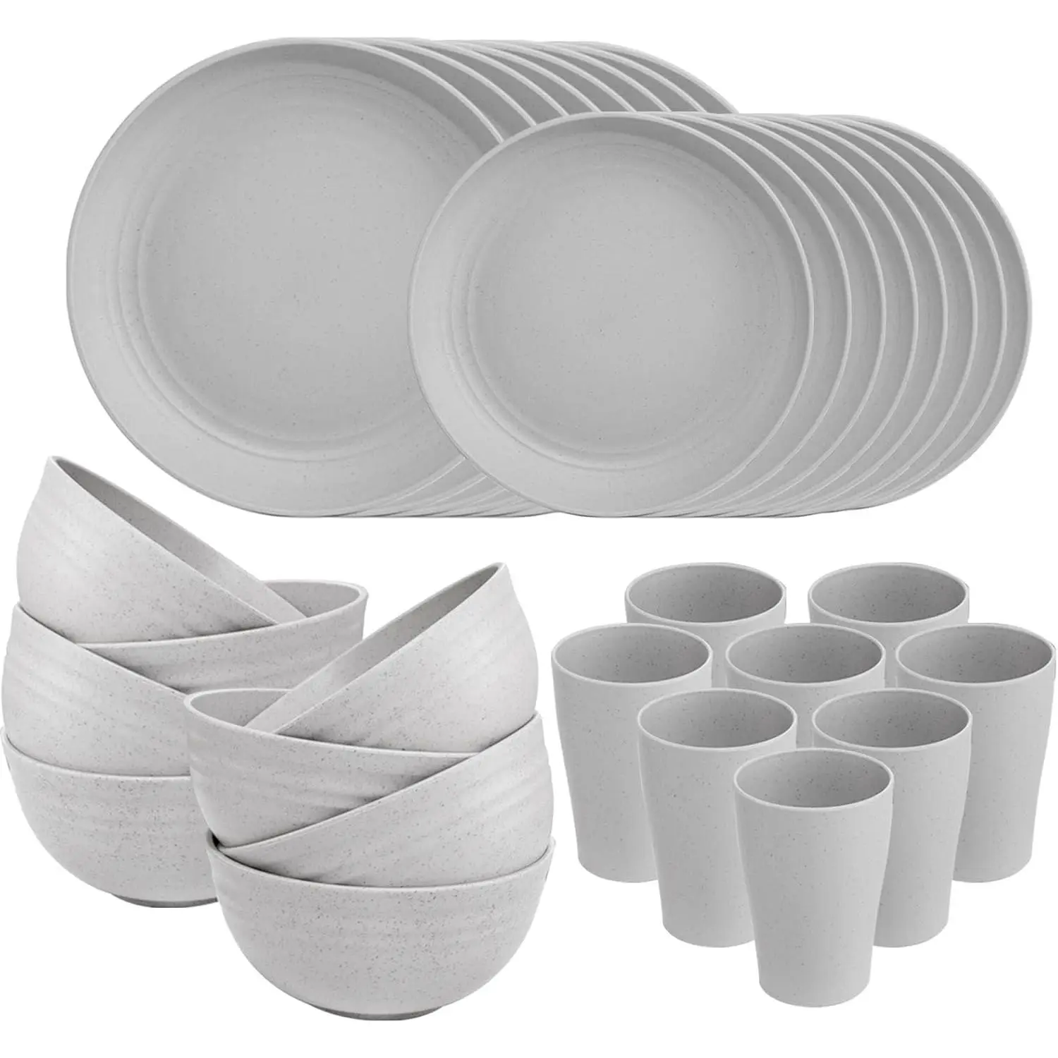 32 count Wheat Straw Dinnerware Sets for 8,Plates and Bowls Sets, Plastic Plates,Grey Dish Set for 8 include 16 count Dishes, 8 count Bowls, 8 count Cups,Dishwasher Safe.
