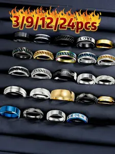 Men's Stainless Steel Ring Set, Casual Punk Style Jewelry, Unique Geometric Pattern, Birthday Christmas Gift, All-Season Fashion Accessory, Stacking Rings, Stackable Rings, Unique Rings