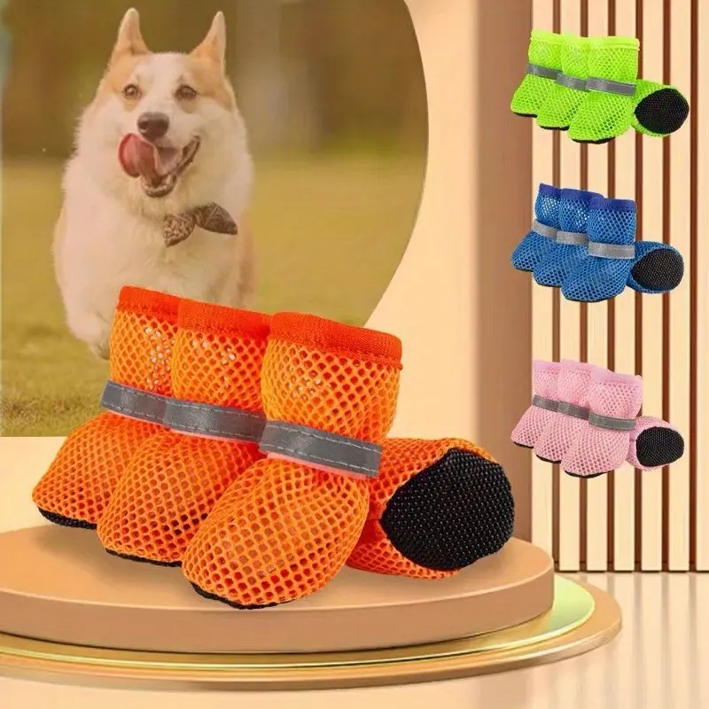 Paw Protector Booties for Small/Med Breeds - Breathable Polyester Mesh Dog Shoes, Anti-Slip Strap Fit, Cooling Airflow, Overheat Guard, Orange/Black Design, Supportive Running Footwear, Running Shoe