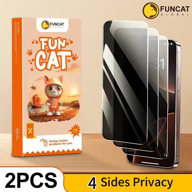 FUNCAT GLOBAL <2PCS> 360° Privacy Screen Protector [4 Sides Privacy]. 'ON SALE for NEW APPLE' Screen film for iPhone 16/15/14/13/12 [LEFT, RIGHT, UP, DOWN], Strong Protection, Anti-Spy, Electroplated Layer, (Headset Cover), Fingerprint-Proof.