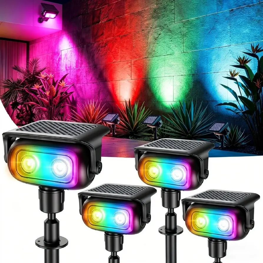T-TINGRAN RGB Solar Outdoor Spot Lights, 360° Rotatable, 5-Mode Color Changing, Solar Outdoor Decorative Lights for Path, Garden, Home Improvement Landscape Lighting, Solar Outdoor Lights