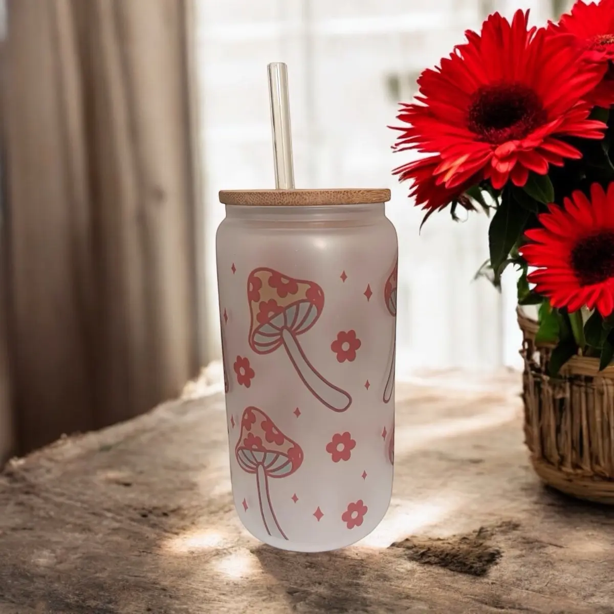 Retro Style Mushroom 16oz Frosted Beer Can Glass Cup with Lid and Straw Mushrooms and Butterflies - Drinkware Tumbler Reusable Portable Washable Bamboo