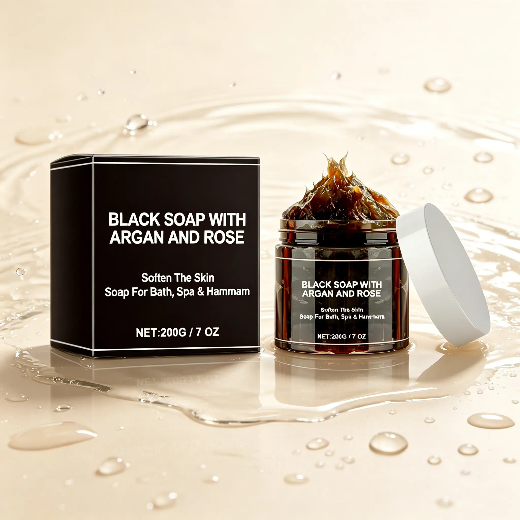 Black Soap with Argan & Rose 200g – Softens & Nourishes Skin – Natural Moroccan Bath, Spa & Hammam Soap – Deep Cleansing & Moisturizing – For Face & Body – Gentle for All Skin Types