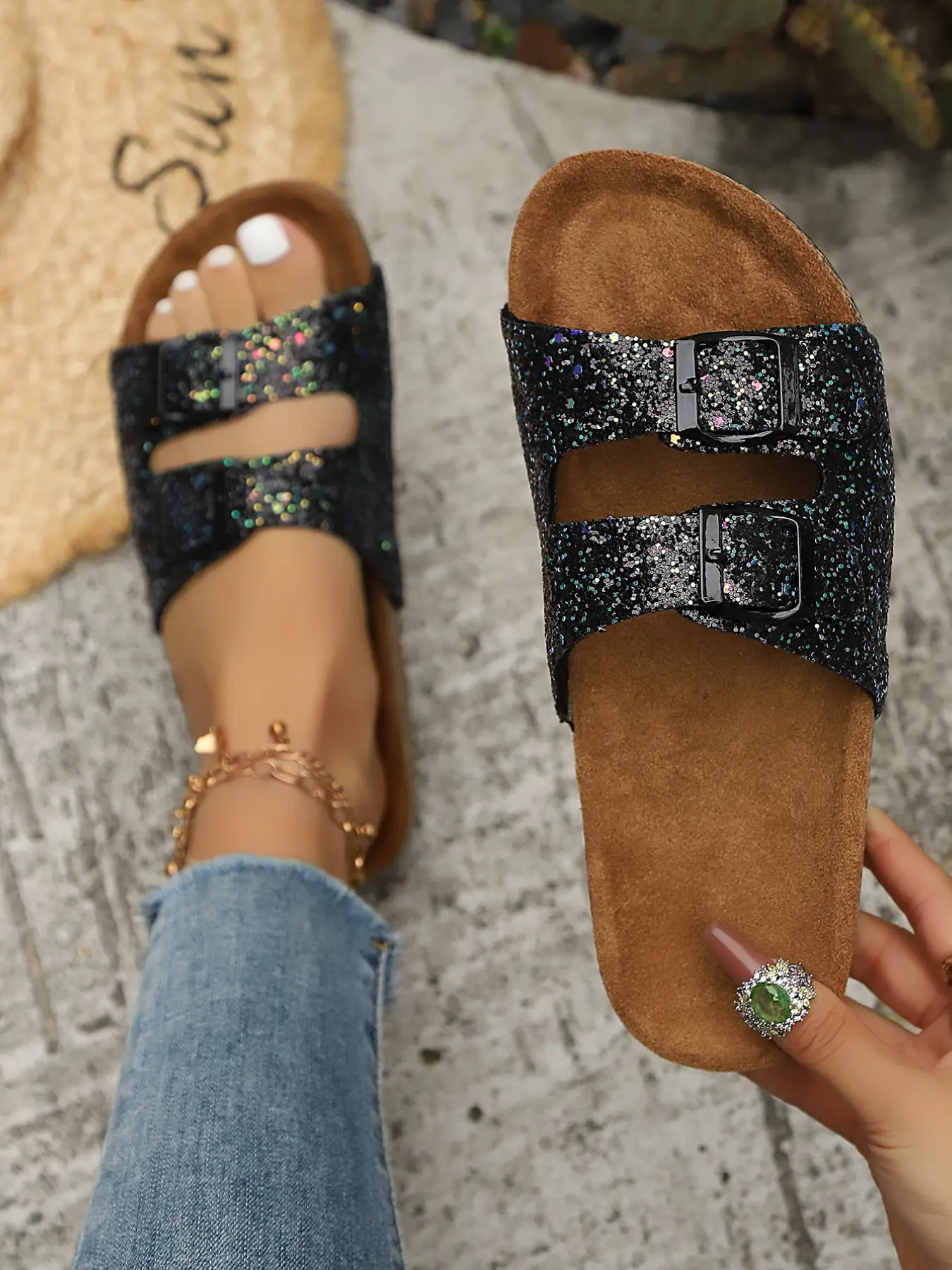 Women's Glitter Sequin Sandals, Dual Buckle Softwood Flip Flops, Buckle Design Sandals, Summer Outdoor Wear, Bold Style, Roman Strap Shoes, Casual Flat Sandals