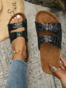 Women's Glitter Sequin Sandals, Dual Buckle Softwood Flip Flops, Buckle Design Sandals, Summer Outdoor Wear, Bold Style, Roman Strap Shoes, Casual Flat Sandals