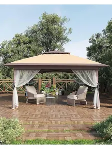 12x12 Pop Up Gazebo Sun Shade Canopy Tent, Weather Resistant, 1-Push Setup with Mosquito Netting, 4 Sand Bags for Backyard Patio Garden, Khaki Outdoor Lounge Furniture