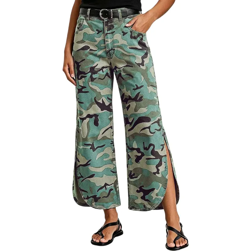 Flamingals Camo Pattern Split Mid Waist Wide Leg Crop Pants Without Belt Stretchy 25.6'' Inseam