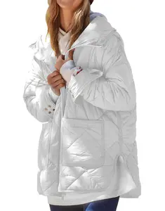 Womens Quilted Puffer Jacket Hooded Long Sleeve Zip Up Winter Coat Lightweight Warm Jackets with Pockets